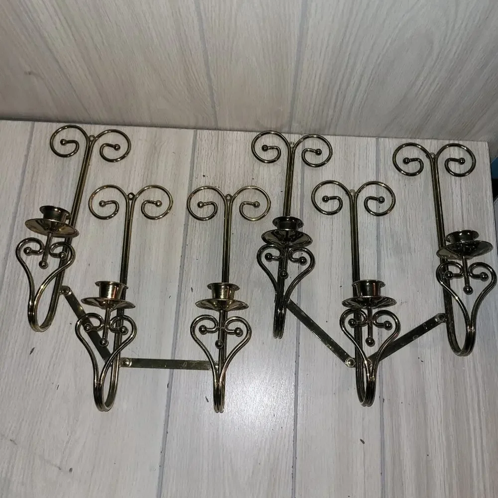 Vtg Brass Wall Mount Triple Sconce Pair Home Interior Candle Holders Gothic MCM